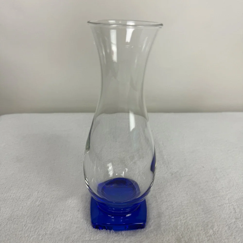 Bormioli Rocco Ibisco Clear Glass Vase Cobalt Blue Square Base Italy NIB‎